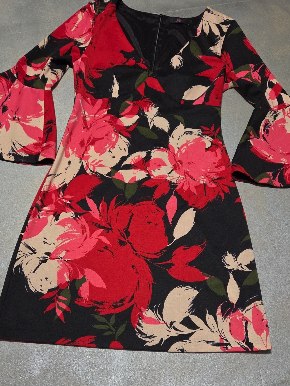 Floral Bell-Sleeve A-Line Dress in Black and Red